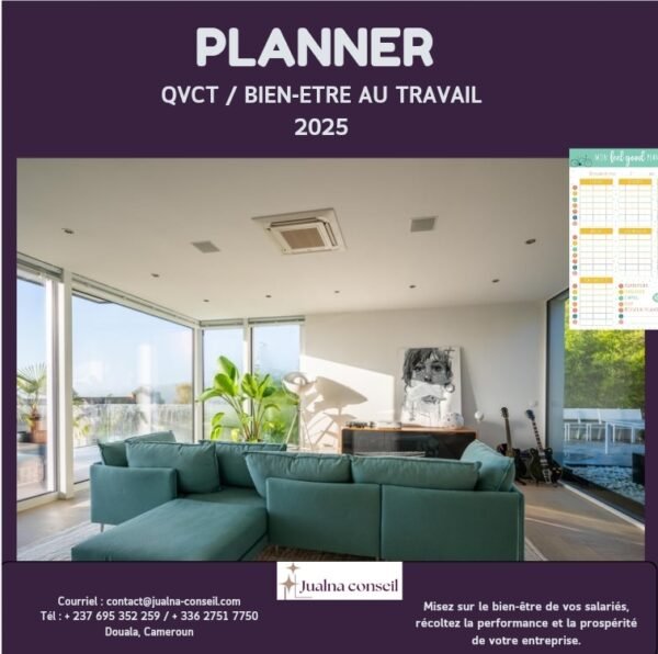 Planner QVCT, Bien-être au travail 2025. calendrier, agenda pour mettre en place des initiatives QVCT et bien-être par les RH, les dirigeants et managers d'entreprise